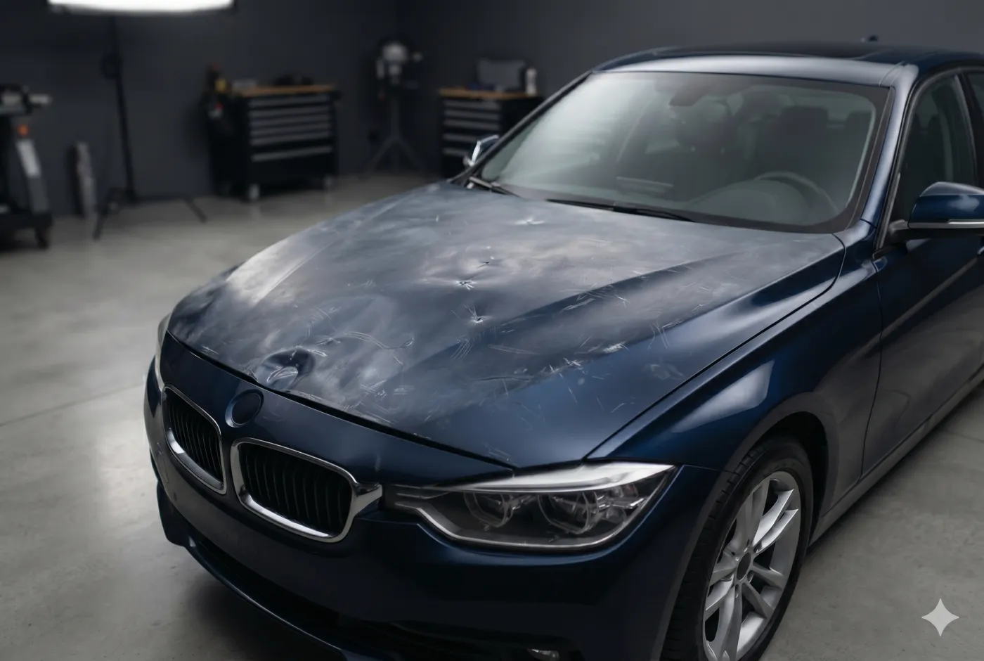 Kap mesin mobil penyok dan baret sebelum diperbaiki di Platina Body Repair Bogor