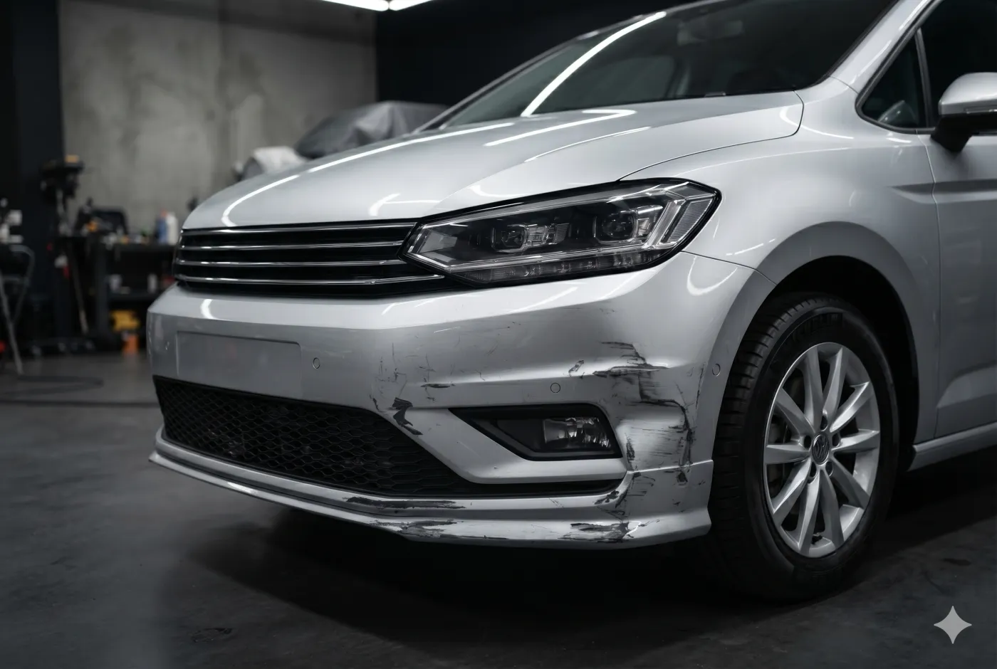 Bemper depan mobil penyok dan baret sebelum diperbaiki di Platina Body Repair Gunung Sindur