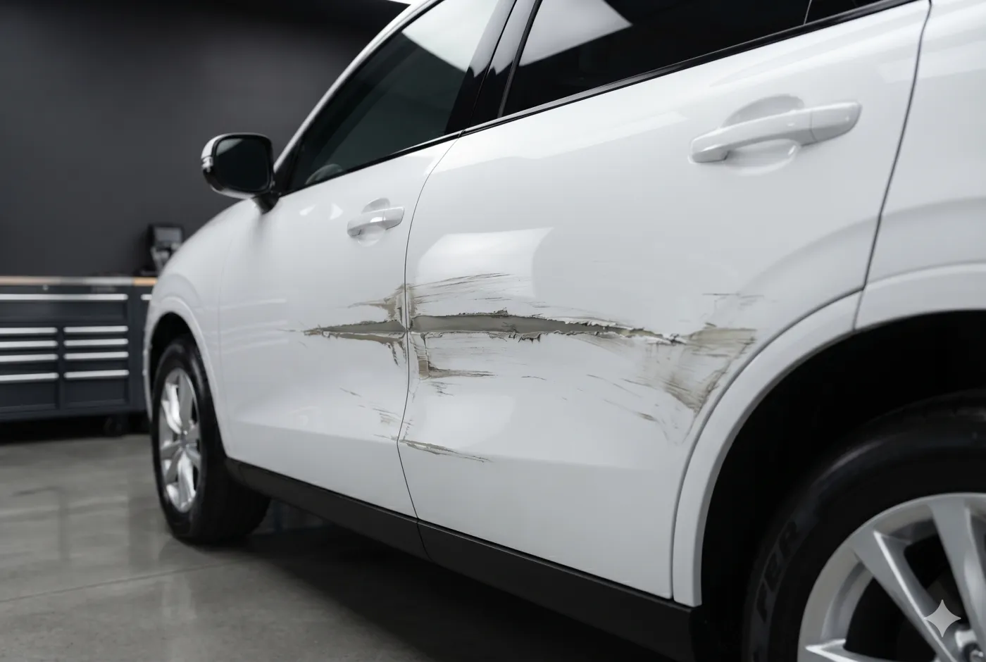 Pintu samping mobil SUV putih baret dan lecet dalam sebelum diperbaiki di Platina Body Repair Gunung Sindur